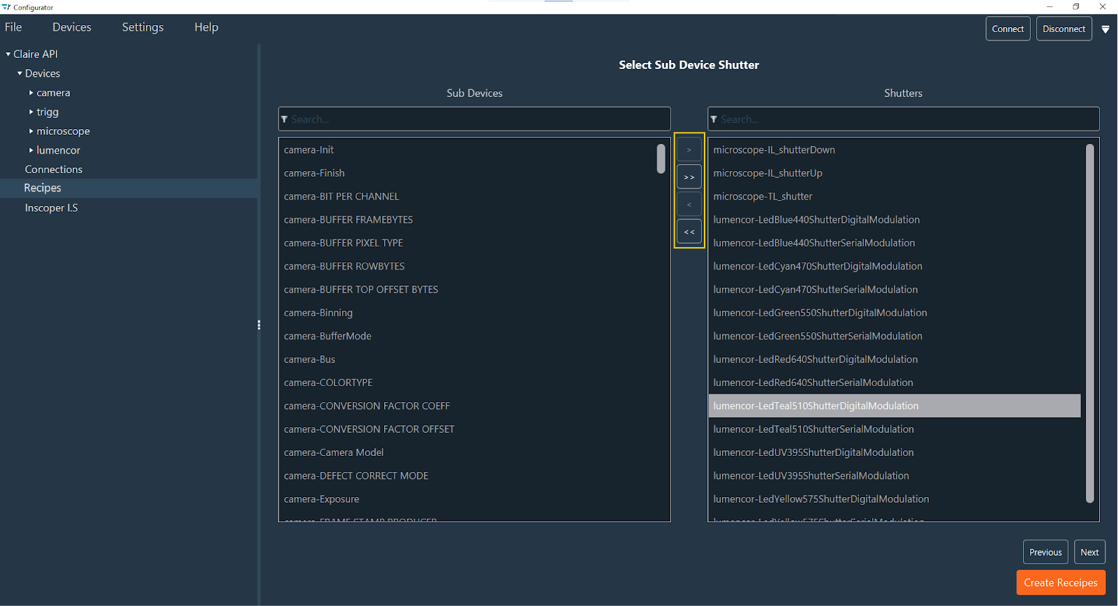 Recipe Shutter Selection