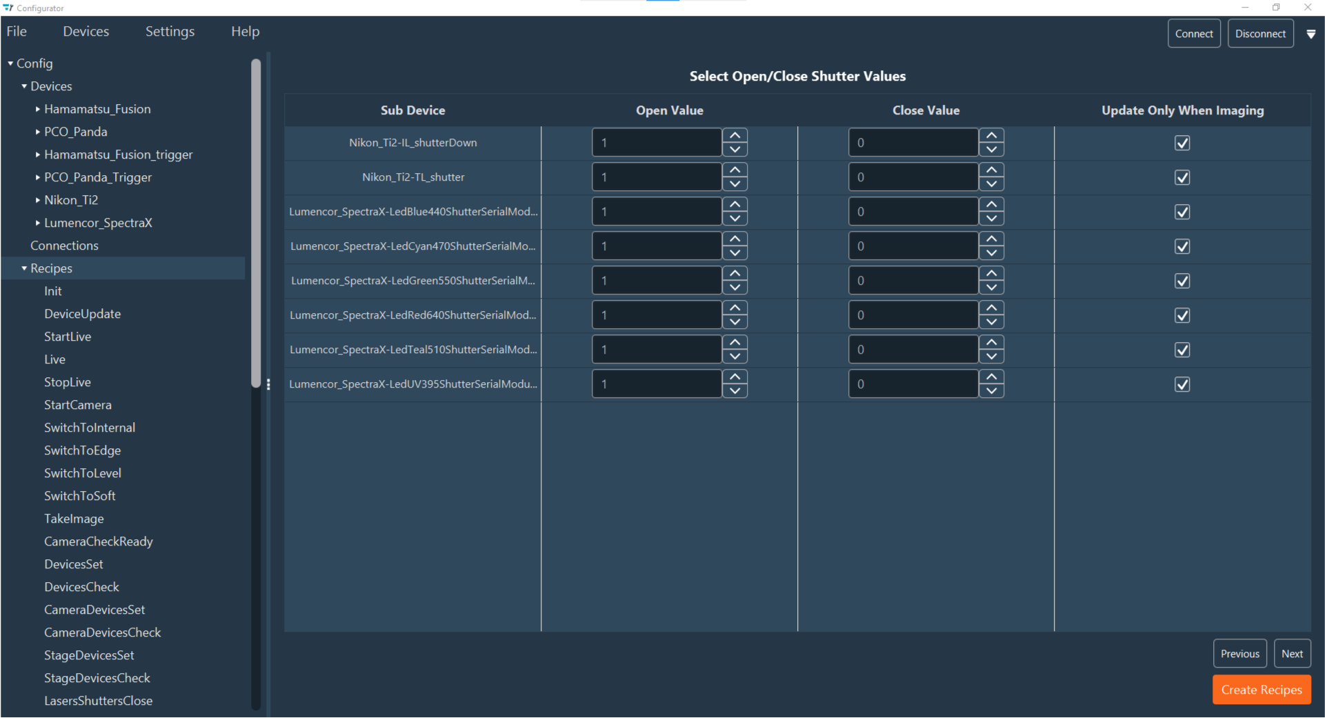 Recipe Shutter Open/Close Values
