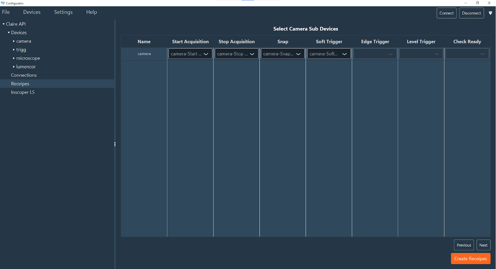 Recipe Camera Sub Devices