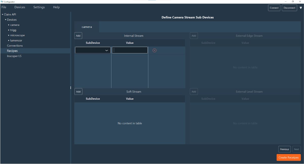 Recipe Camera Stream Sub Devices